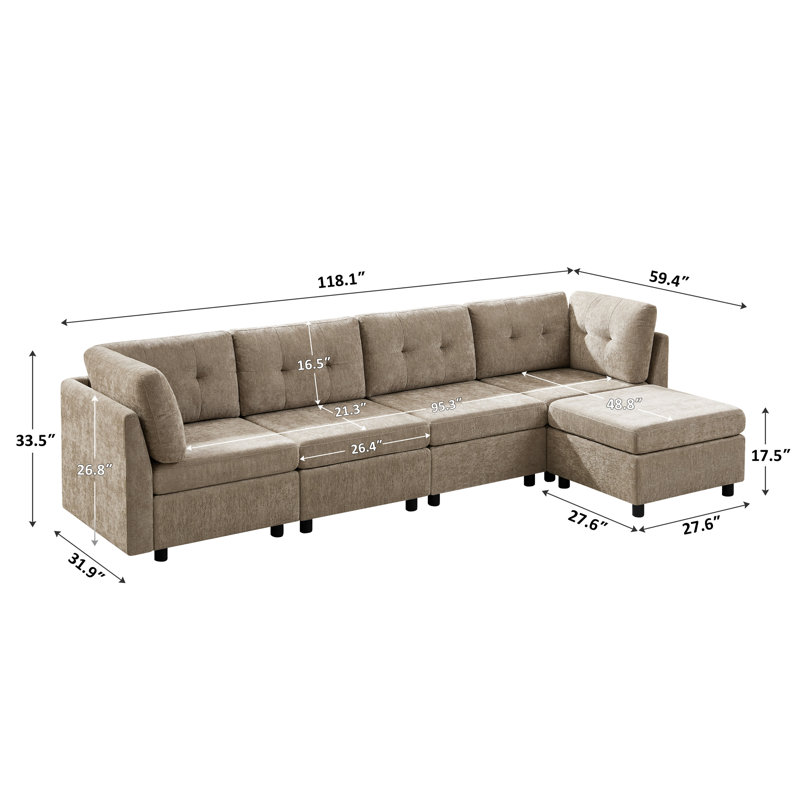 Chenille Upholstered Sectional Sofa Couch With Ottoman, Camel Polyester