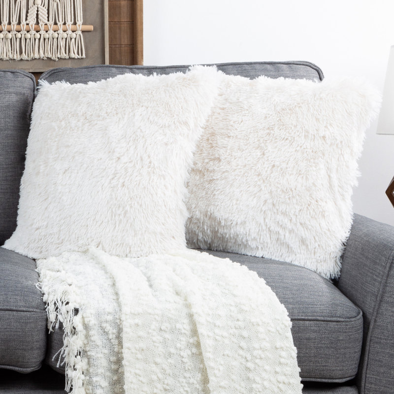  Plush Throw Pillows - Two 18-Inch Luxury Accent Pillows and Shag Glamour Covers, White