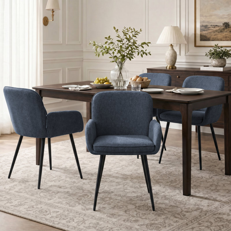 Chaises de salle à manger rembourrées en chenille avec pieds en métal (ensemble de 4), Marine, 4