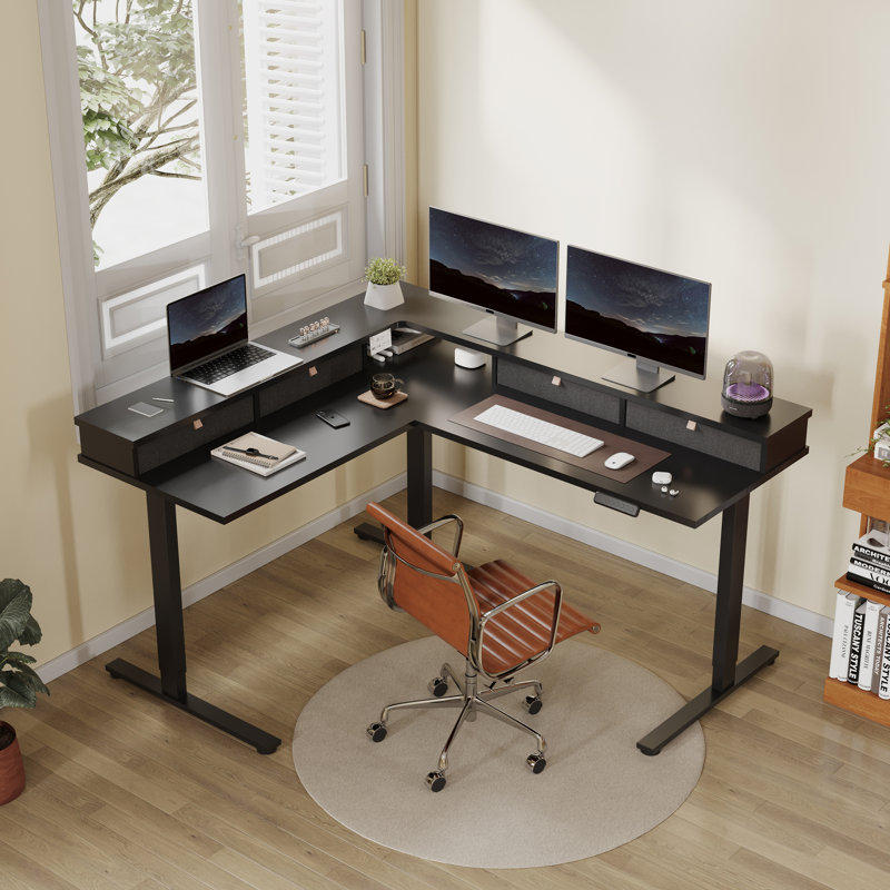 L Shaped Standing Desk With Drawers, Shelf, Adjustable Gaming Table For Home, Office, Gamer, Black/Black