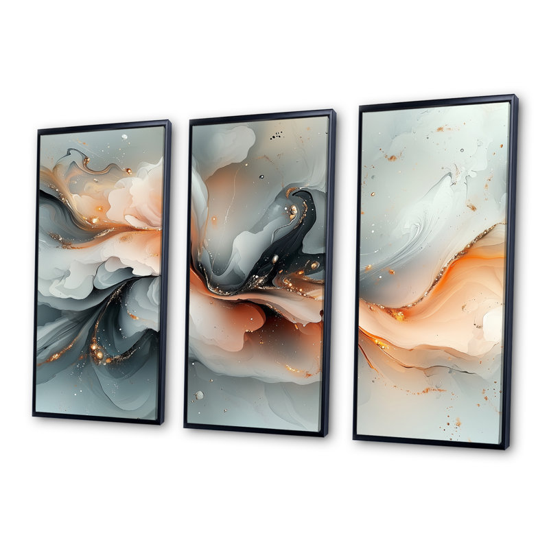«Abstract Geode», ensemble de reproductions d'art mural en marbre rose et gris, Toile avec cadre flottant noir