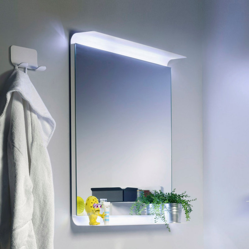 Curva Metal Flat LED Wall Mirror with Shelves, White