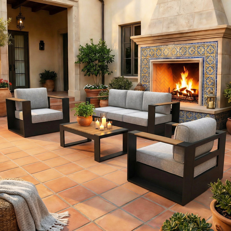  Outdoor Oversized Aluminum 4-piece Conversation Set With Coffee Table And 6-inch Cushion, Light Gray