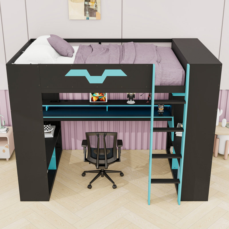 Full-Size RGB Gaming Loft Bed with Integrated Power Hub and Ergonomic Workstation, Blue