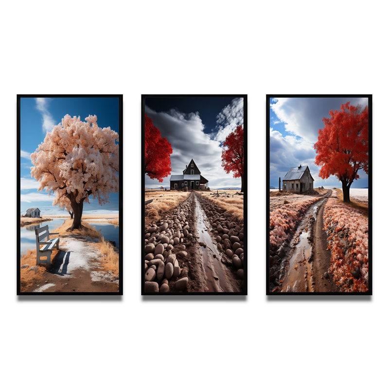 «Farmhouse Serenity Farm», 3 pièces sur toile, Cadre noir, H 20 po x l 36 po