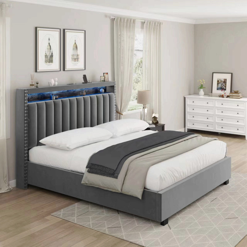 Lit de rangement luxueux avec vérin à gaz avec lumières à DEL et tête de lit, Grand lit