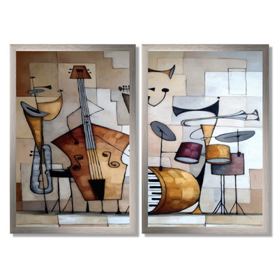 Abstract Jazz Band In New York City - Music Jazz Canvas Prints, Brown Vintage Wall Art 2 Piece