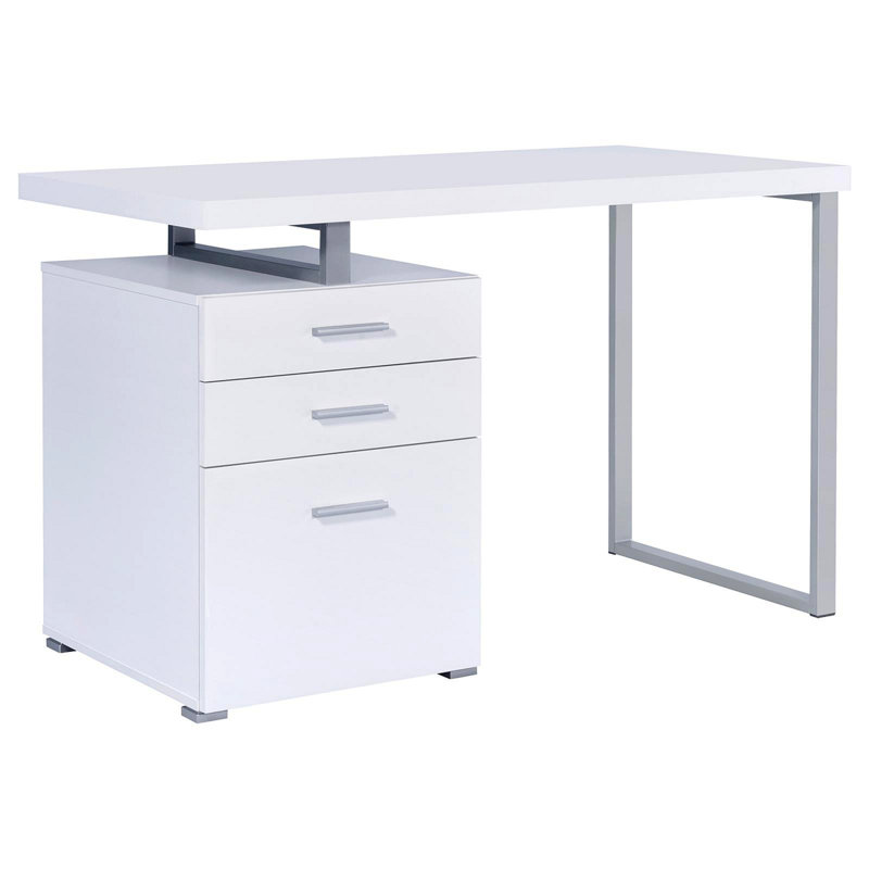 Bureau à 3 tiroirs, Blanc clair / argent