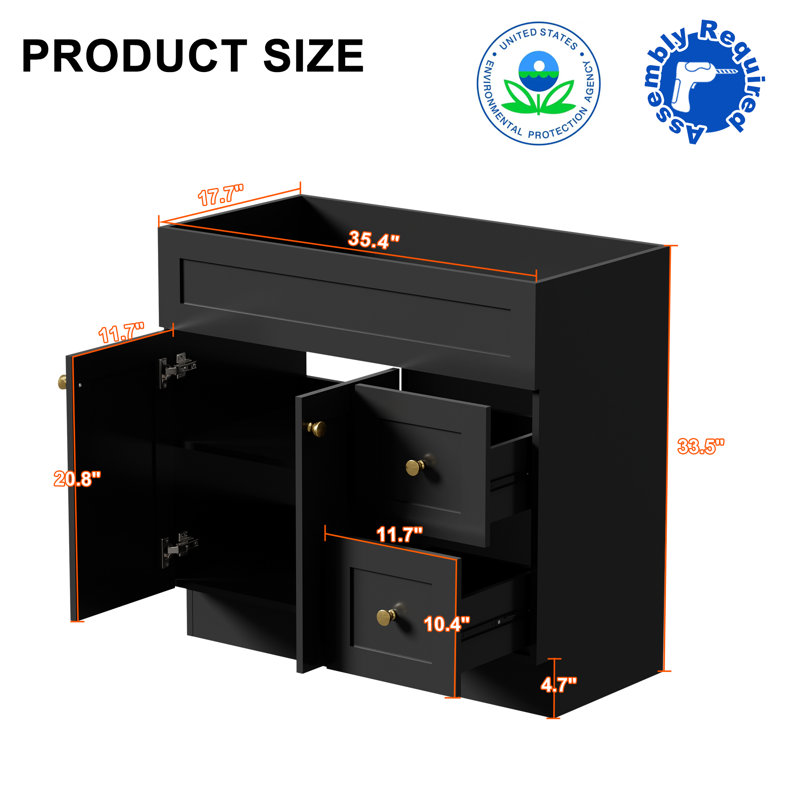 Base de meuble-lavabo simple sur pied 36 po seulement, comptoir d'évier non inclus, assemblage requis, Noir