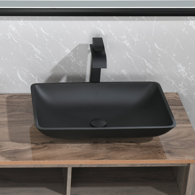 SMARTLET 14.44'' Tempered Glass Rectangular Bathroom Sink with Faucet, Matte Black