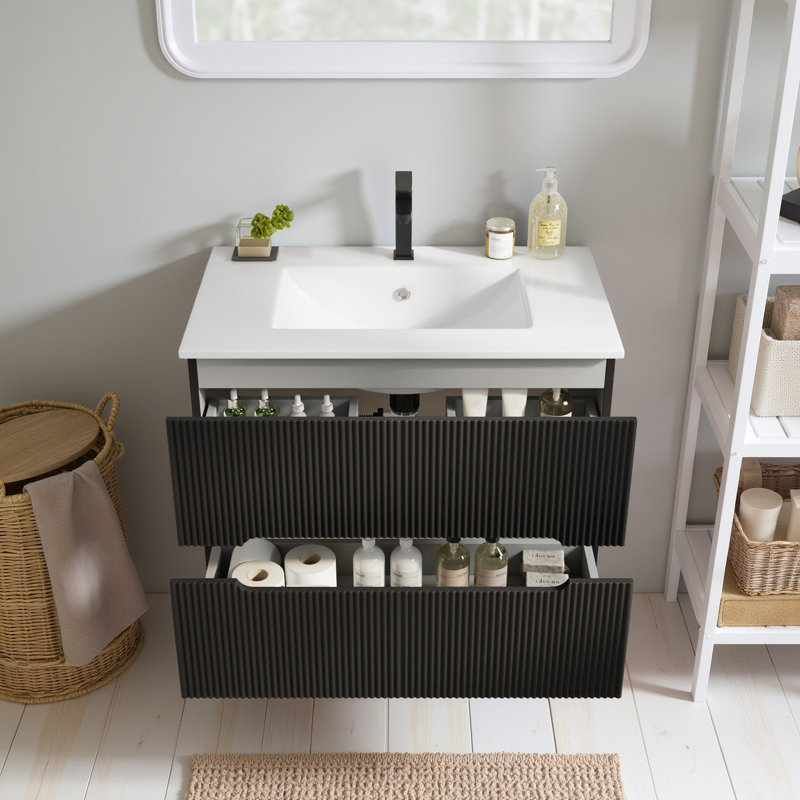  Meuble-lavabo mural simple 30 po avec lavabo en céramique et robinet, armoire flottante avec 2 tiroirs à fermeture en douceur