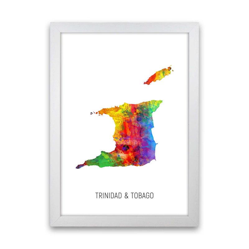 Trinidad And Tobago Watercolour Map by Michael Tompsett - Print, White Framed, 34cm H x 25cm W x 3cm D