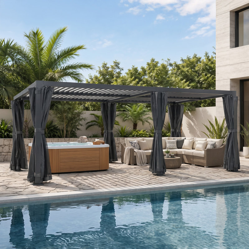 Pergola à persiennes Aurestead, pergola réglable en aluminium avec toits à persiennes indépendants, rideaux et moustiquaire