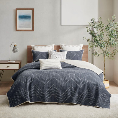 Ensemble de courtepointe en coton 3 pièces luxueux bleu marine - très grand antimicrobien