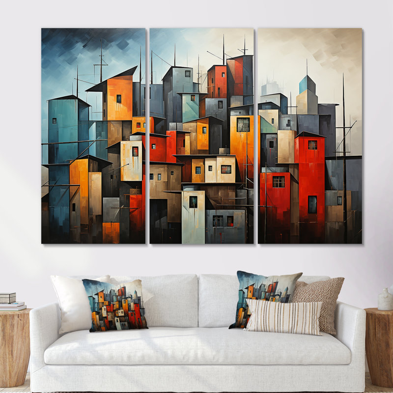 Cubist Urbanism Horizon III - Ensemble de décoration murale cubisme, Toile tendue, H 40 po x l 60 po x P 1 po