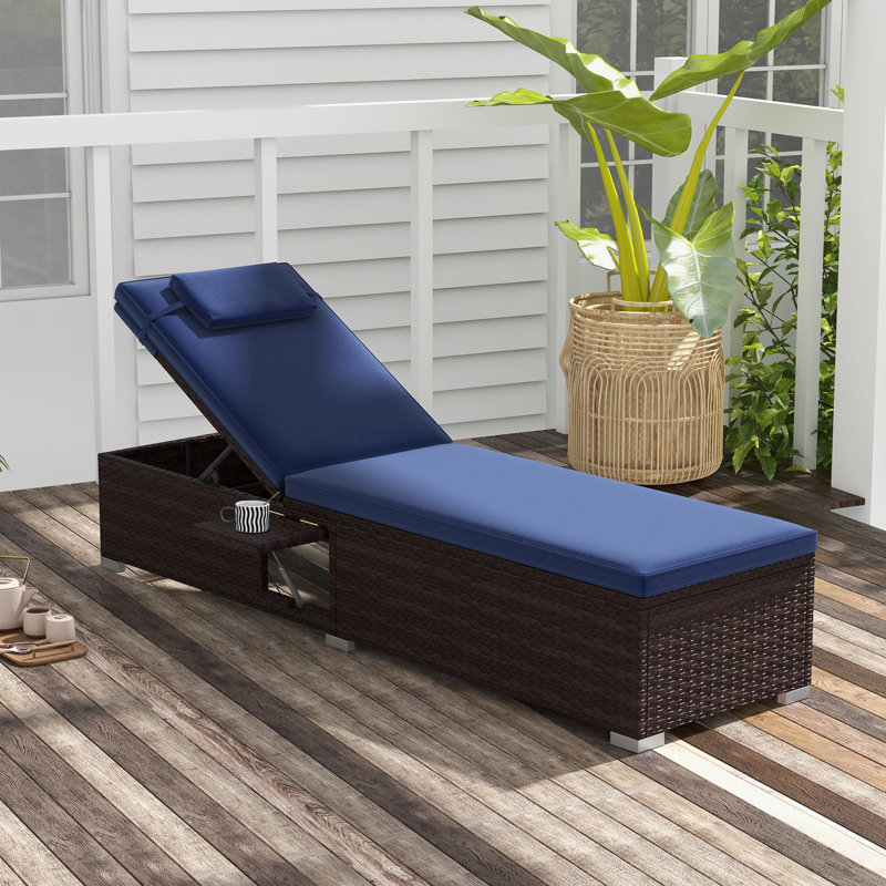 2 Pcs Patio Chaise Lounge With 6-level Backrest Comfy Seat Cushion & Headrest Backyard Navy