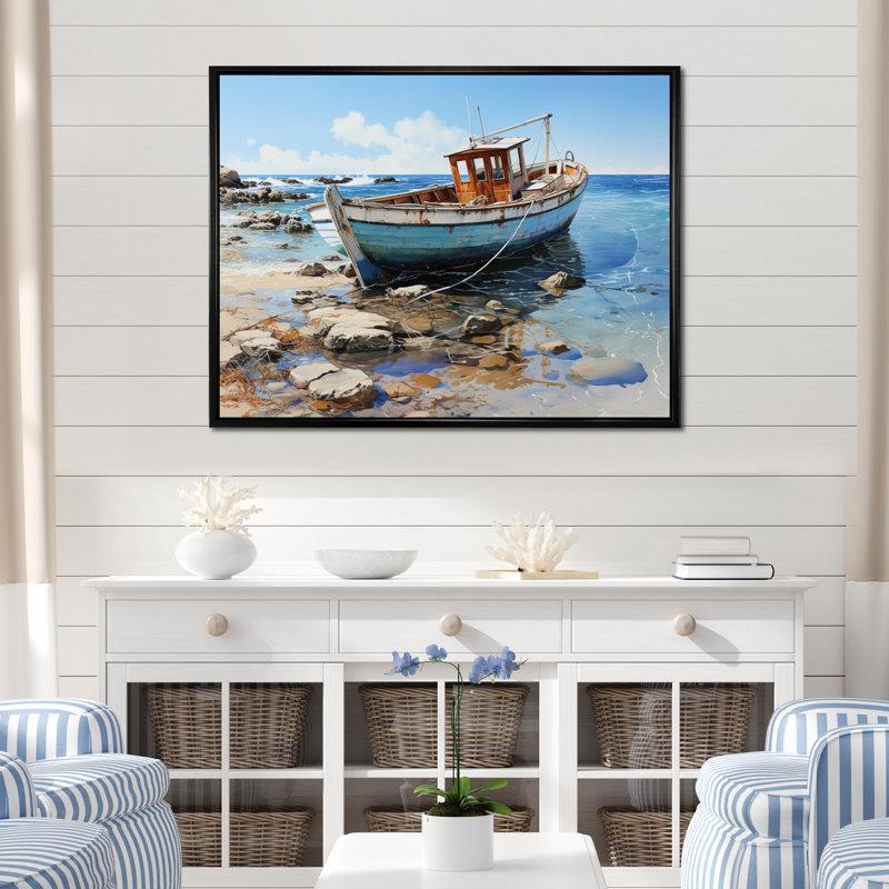 «Anchored Boat I», reproduction sur toile, H 24 po x l 32 po x P 1 po, Cadre flottant noir