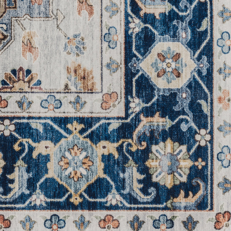Micah Blue and Beige Synthetic Washable Rectangular Area Rug