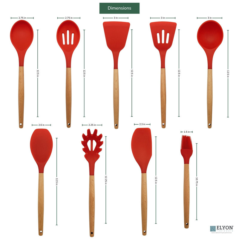 Elyon Tableware 9-Piece Colored Silicone Kitchen Utensil Set, Red