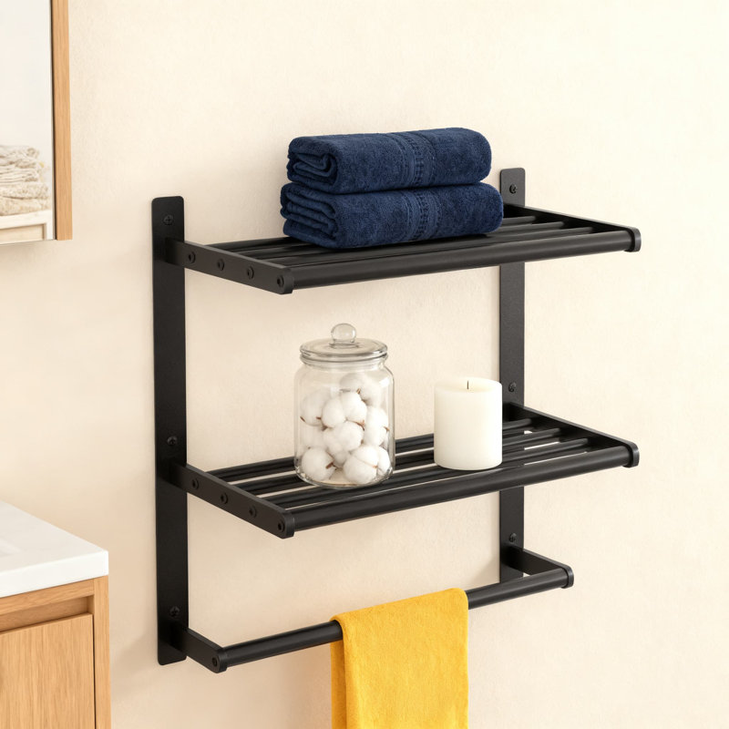 Porte-serviettes mural à 3 niveaux avec tablette, porte-serviettes de style hôtel et rangement pour serviettes de bain et articles essentiels