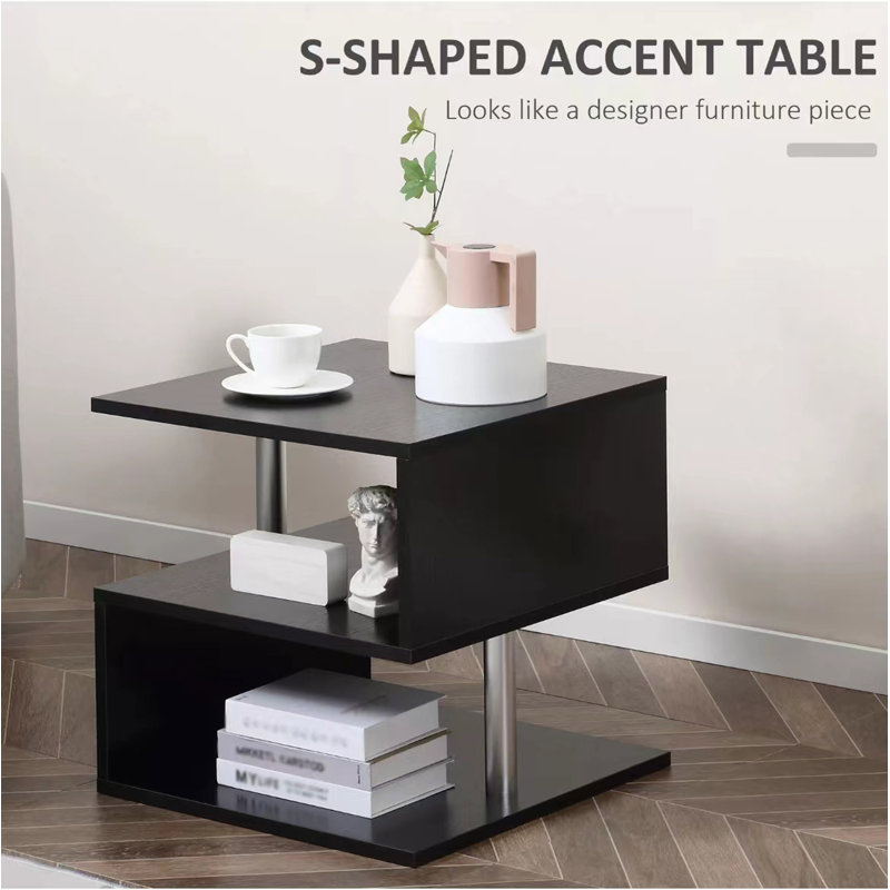 Modern Coffee Table With S-Shaped 3 Tiers Open Storage Shelf, Black