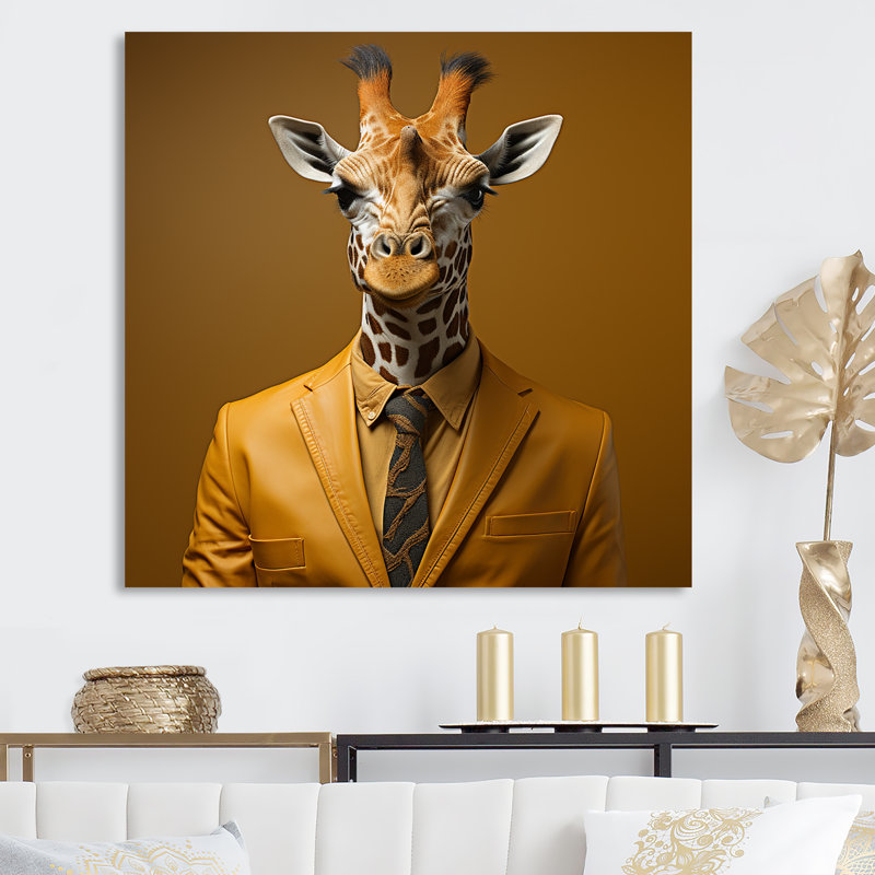 Jaune et brun habillé de mode girafe - girafe, art mural animal, Toile tendue, H 30 po x l 30 po