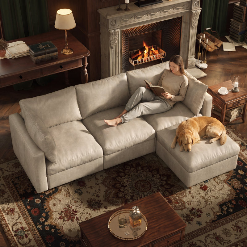 99" Leather Upholstered Sectional Sofa with Hidden Storage, BEIGE, 3Seaters-L