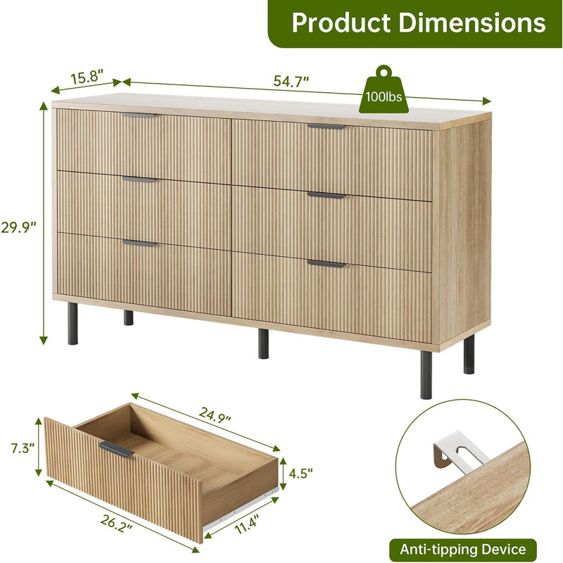 Commode en bois ondulée 6 tiroirs Wave, Natural
