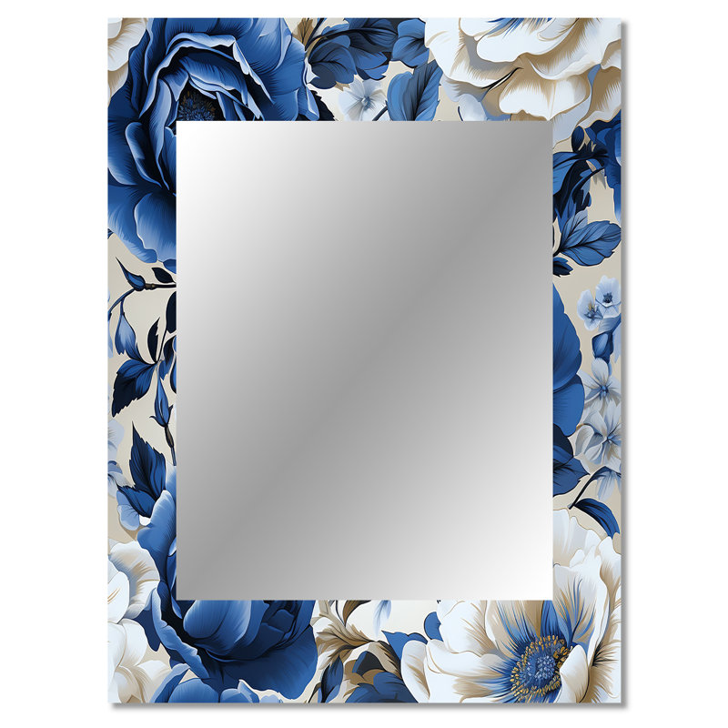 Speece cobalt bleu néo victorien roses motif victorien - miroir mural floral unique, 40 po x 30 po