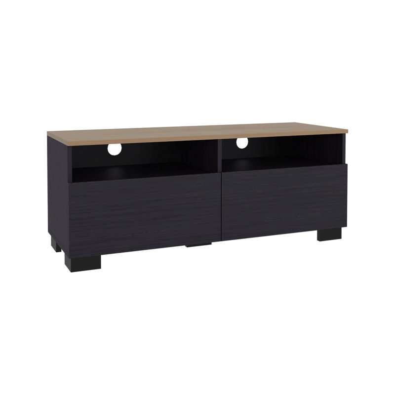 Meuble télé en wengé et chêne naturel avec porte et rangement ouvert
