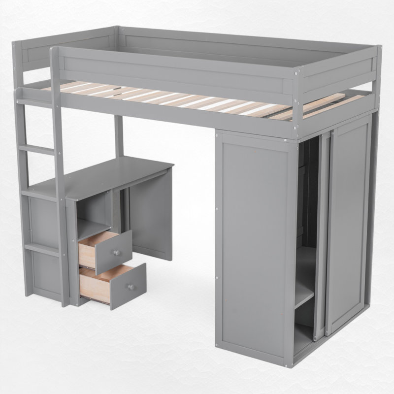 Lit mezzanine avec bureau intégré et garde-robe, Grey, Simple