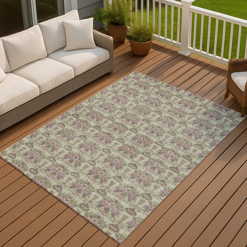 Machine Washable Indoor/Outdoor Chantille ACN2682 Floral Rug, Celery, 5' x 7'6"