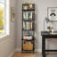 Mount this black 5-tier ladder shelf on a wall for open book and item storage. Standing 64.7" high, it assembles easily for home offices, bedrooms, or living rooms.