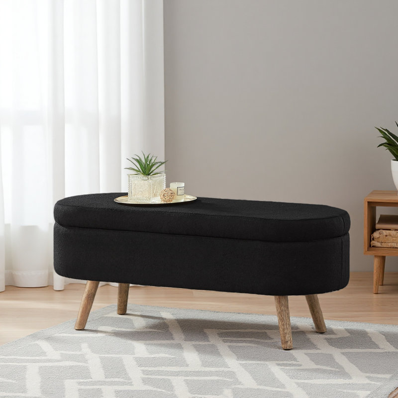Luxury Oval Boucle Storage Ottoman Bench With Wood Legs 350Lb Weight Capacity & Safety Hinge, For Living Room, Black