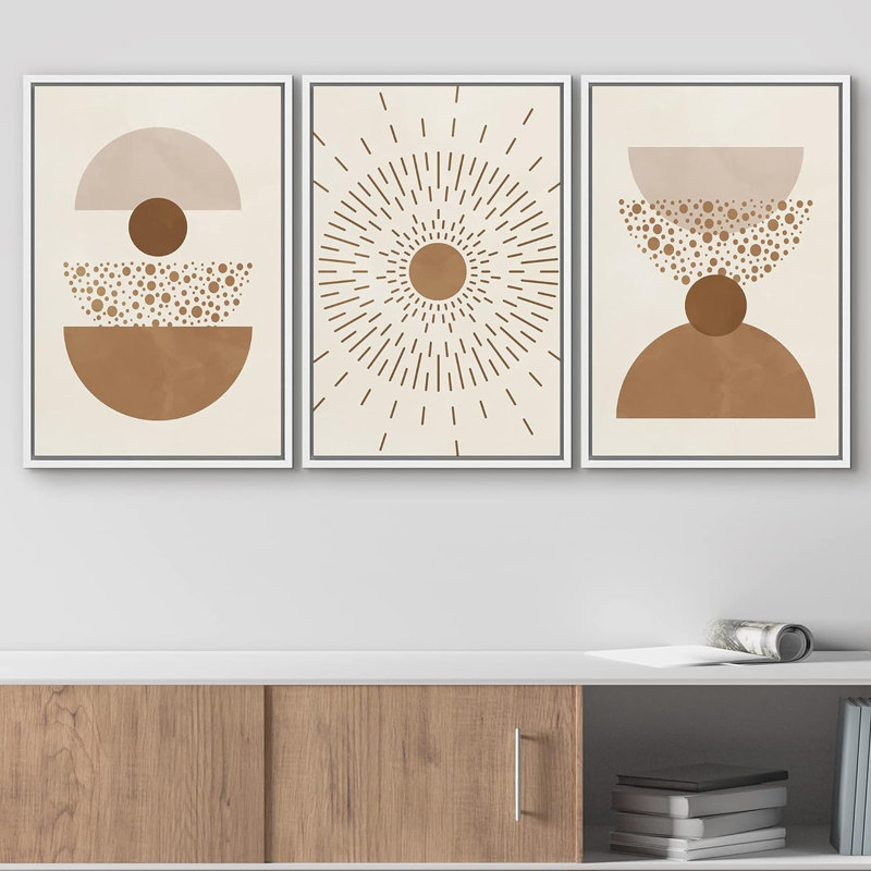 Linear Geometry " Boho Mid-Century Geometric Palm Leaf Desert Abstract Illustrations Modern Art Landscape Colourful " 3 - Pieces