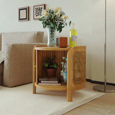 Coffee Table, Modern Round Rotating with Rattan