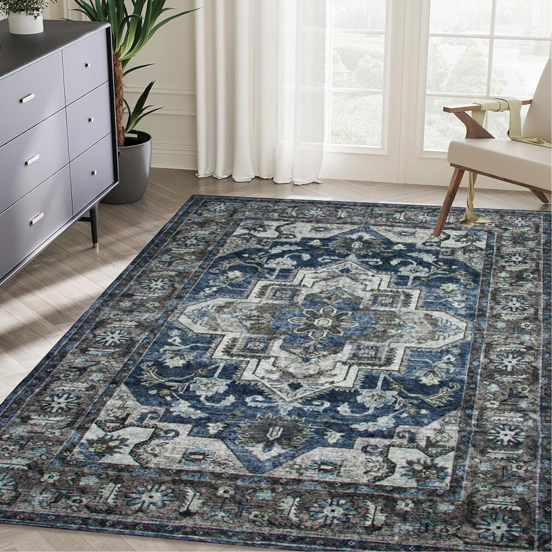 Tapis antidérapant 5 x 7, rétro, lavable à la machine, motif floral bleu / brun pour le salon