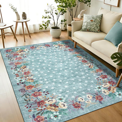 Tapis vert 150 x 210 cm, lavable, à motifs floraux, avec envers antidérapant, idéal pour chambre, salon ou salle à manger.