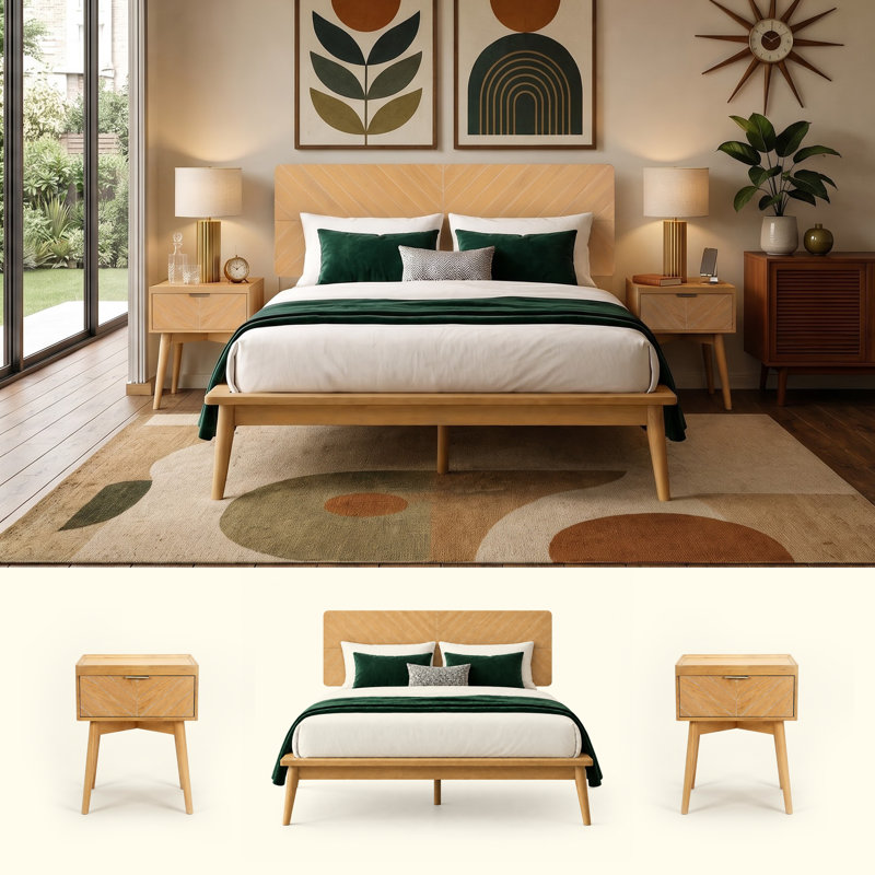 Loki Full Bed Frame With 3D Chevron Headboard & Signature Tapered Legs, Premium Mid-century Modern Wood Platform Bed Frame, Low-profile Surround