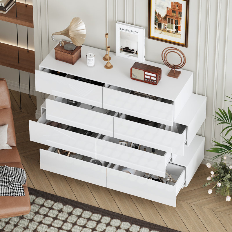 Armoire de rangement moderne à 8 tiroirs avec conception étagée - Organisateur blanc ultrabrillant
