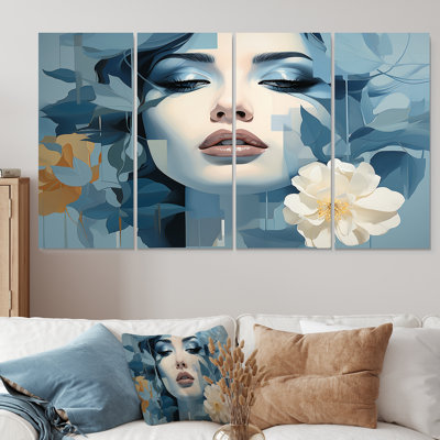 «Blue and Beige Abstract Woman with Flowers II», art mural sur toile 4 pièces