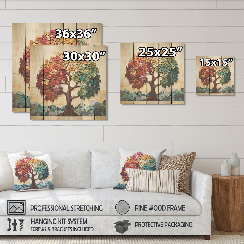Arbre de tilleul américain coloré et harmonie III - impression sur bois, H 25 po x l 25 po