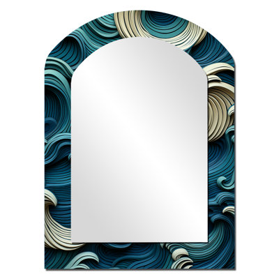 Blue and white wave tiles impressions II - Waves Asymmetrical Mirror, Blue Arch Decorative Wall Mirror, Printed Metal Art