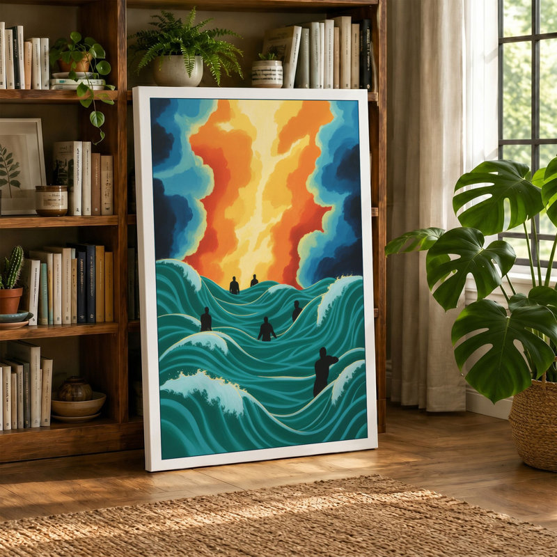 Figure Facing Fire Modern - Wrapped Canvas, 30x20 - 76.2 x 50.8 cm, Terracotta Border