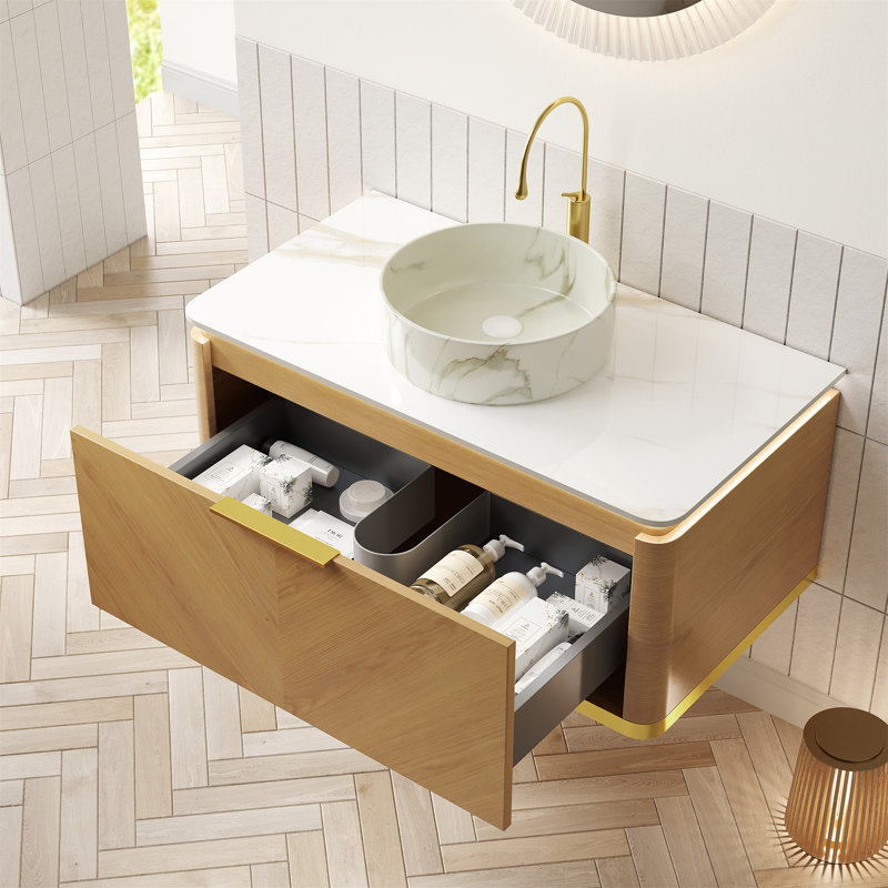 Meuble-lavabo 36 po, meuble de rangement flottant en contreplaqué, tiroir avec poignée et capteur de lumière, vasque en céramique blanche à motif de pierre et plateau en pierre frittée, pré-assemblé