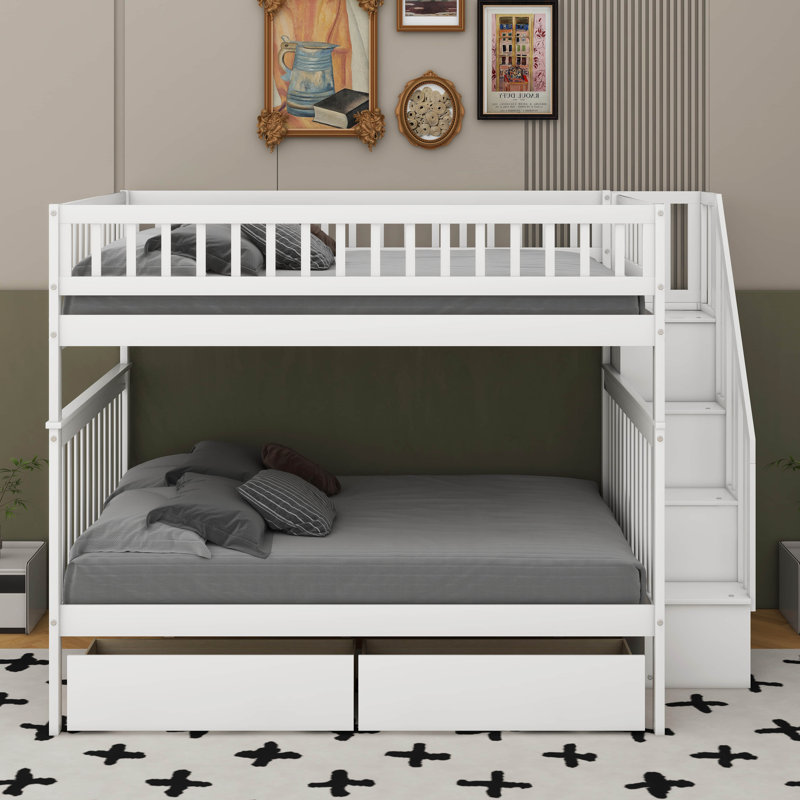 Full Over Full Bunk Bed With Drawers, White