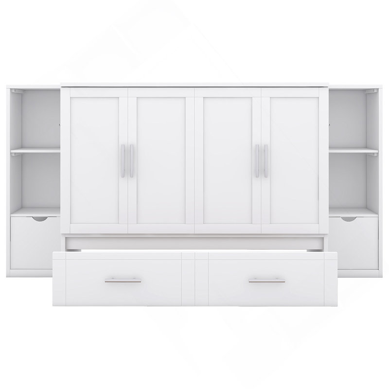 Lit escamotable avec tablettes, tiroirs et ports USB Murphy, Lit double, Blanc