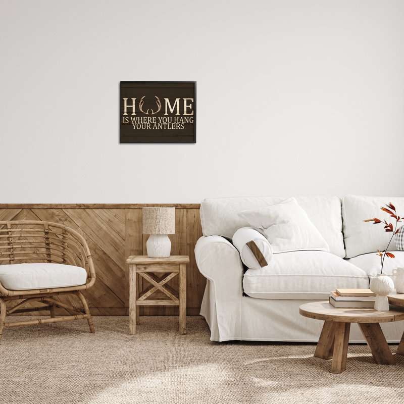 «Home You Where Hang Hang Antler», art textuel, H 16 po x l 20 po, Giclée encadrée noir minuit