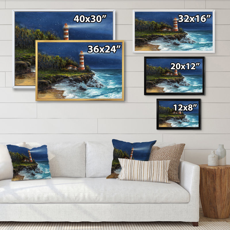 Phare de nuit - reproduction d'art sur toile, H 16 po x l 32 po x P 1 po, Cadre naturel flottant