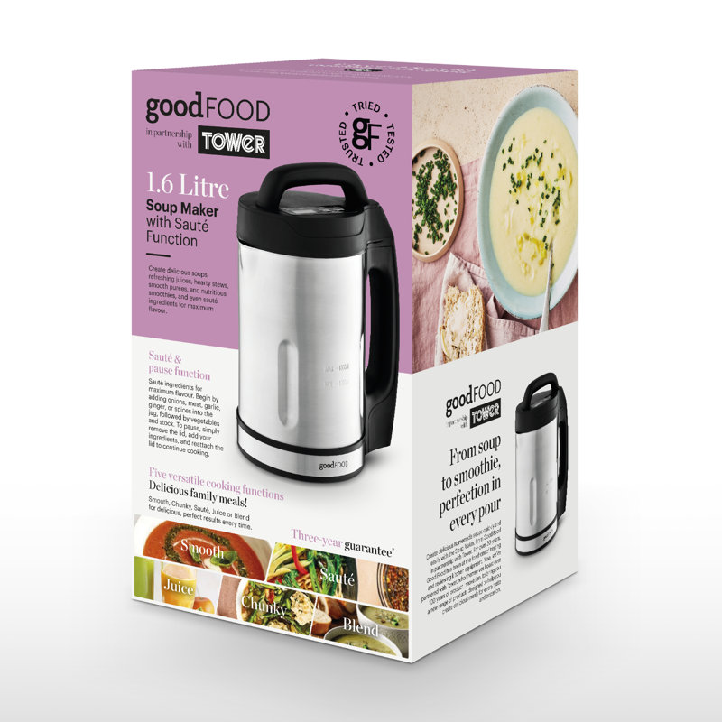 GF12069 Good Food in partnership with Tower Soup Maker with Sauté Function, LED Control Panel, Stainless Steel Jug, 5 Functions, Stainless Steel Blade, 1.6L, Black & Stainless Steel